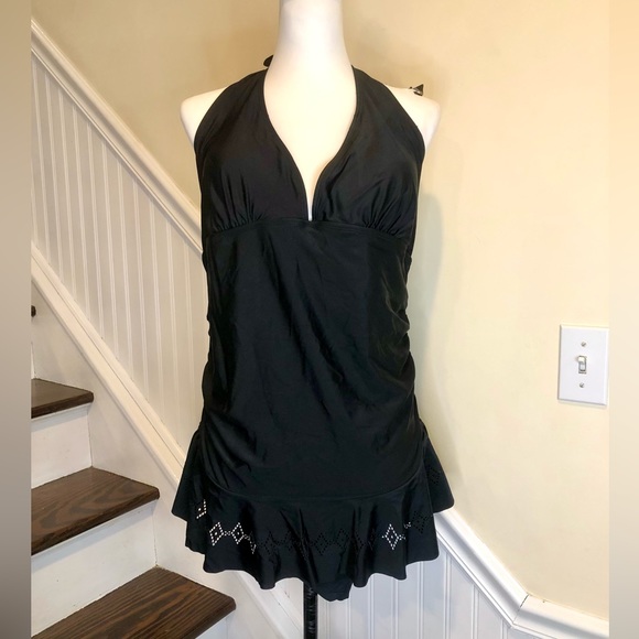 NICOLE MILLER Black Halter Neck Cut Out Skirted Black Swimsuit Sz 1X NWT - Picture 11 of 17